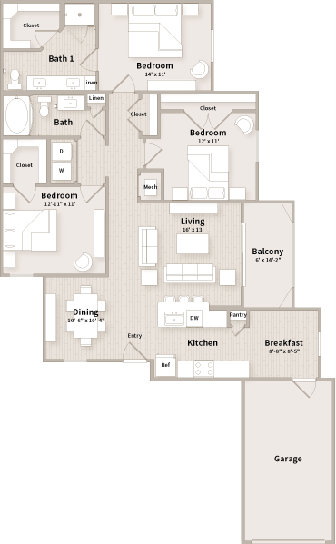 C1 floorplan which is a 3 bedroom, 2 bath apartment at The Parkway on Westlake, Humble, TX, 77346